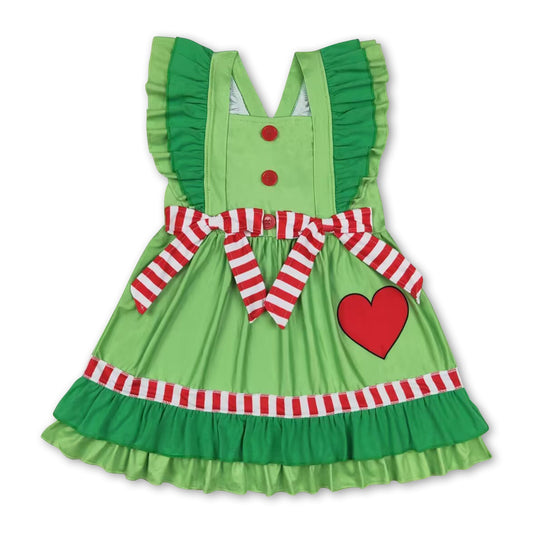 Flutter sleeves heart green face baby girls Christmas dresses