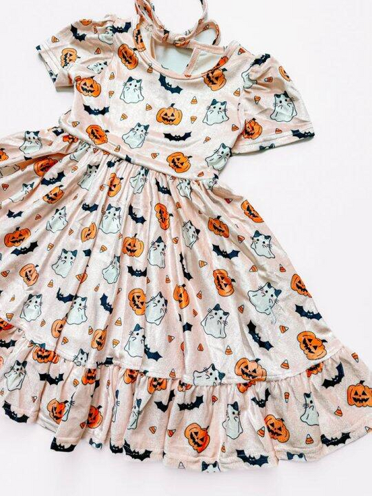 Short sleeves bat pumpkin ghost kids girls Halloween dress