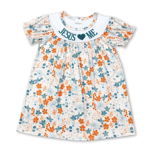 Jesus love me short sleeves floral baby girls dresses