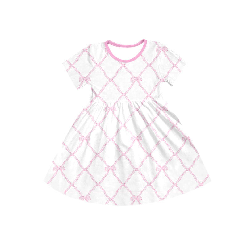 Short sleeves pink bow kids girls dresses