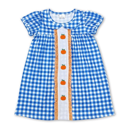 Short sleeves blue plaid pumpkin girls fall dresses