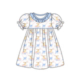 Short sleeves light blue bow bunny baby girls Easter dress