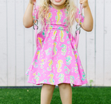 Pink short sleeves seahorse kids girls summer dresses