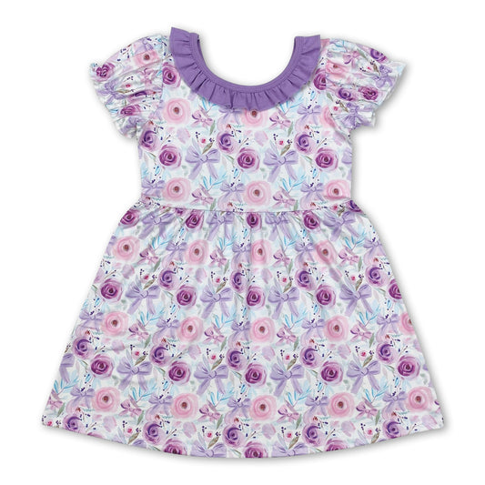 Lavender bow floral ruffle short sleeves girls dresses