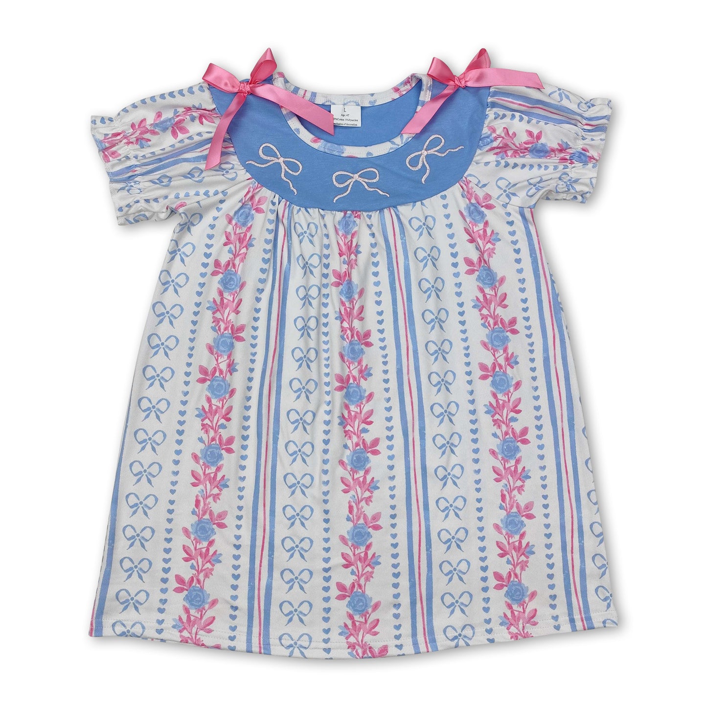 Short sleeves stripe floral light blue bow baby girls dress