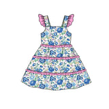 Flutter sleeves blue floral ruffle baby girls dresses
