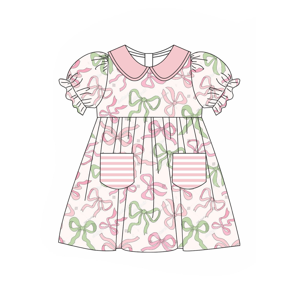 Short sleeves colorful bow pockets baby girls dresses