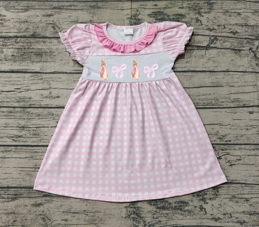 Short sleeves pink plaid rabbit bow baby girls Easter dress