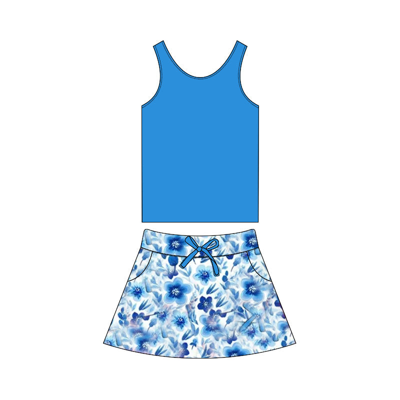 Blue sleeveless top floral skirt kids girls clothes