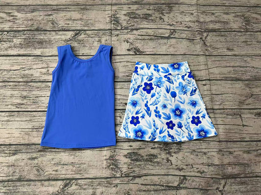 Blue sleeveless top floral skirt kids girls clothes