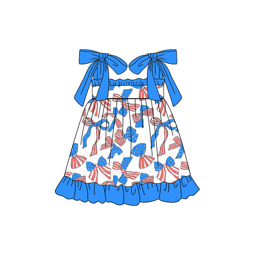 Straps stars stripe bow kids girls 4th of july dresses