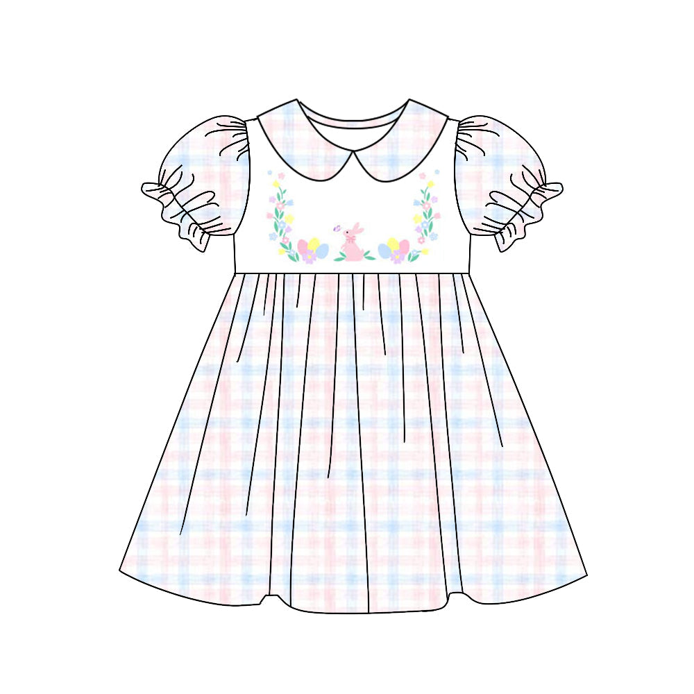 Short sleeves plaid bunny floral baby girls Easter dress