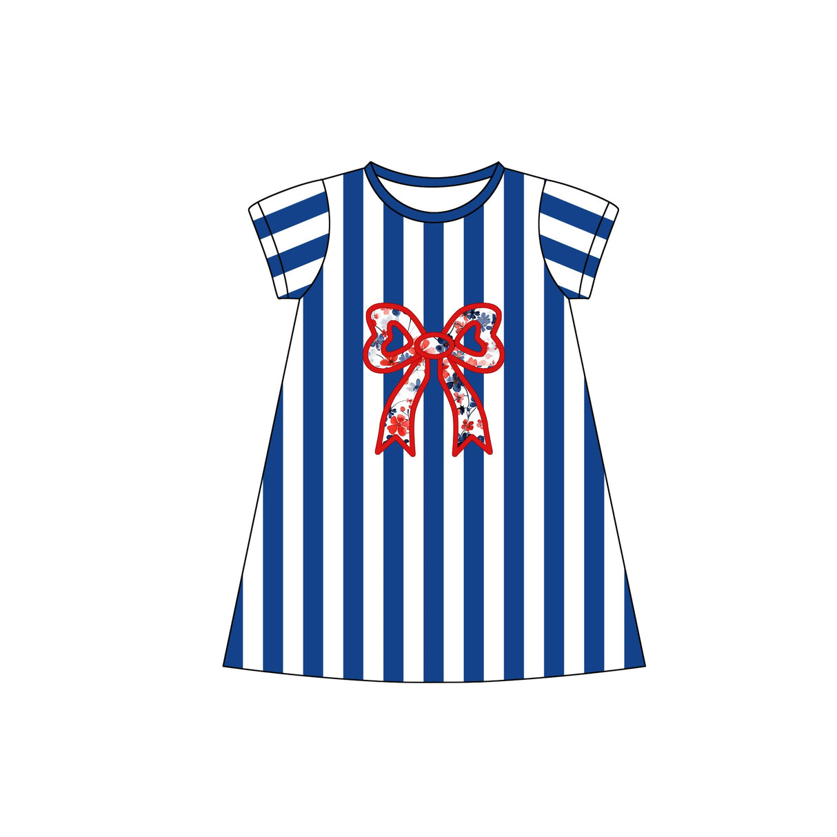 Blue stripe short sleeves floral bow baby girls dresses