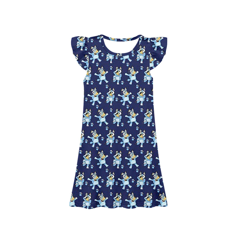 Flutter sleeves blue dog kids girls dresses