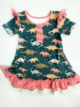 Short sleeves dinosaur ruffle baby girls night dress