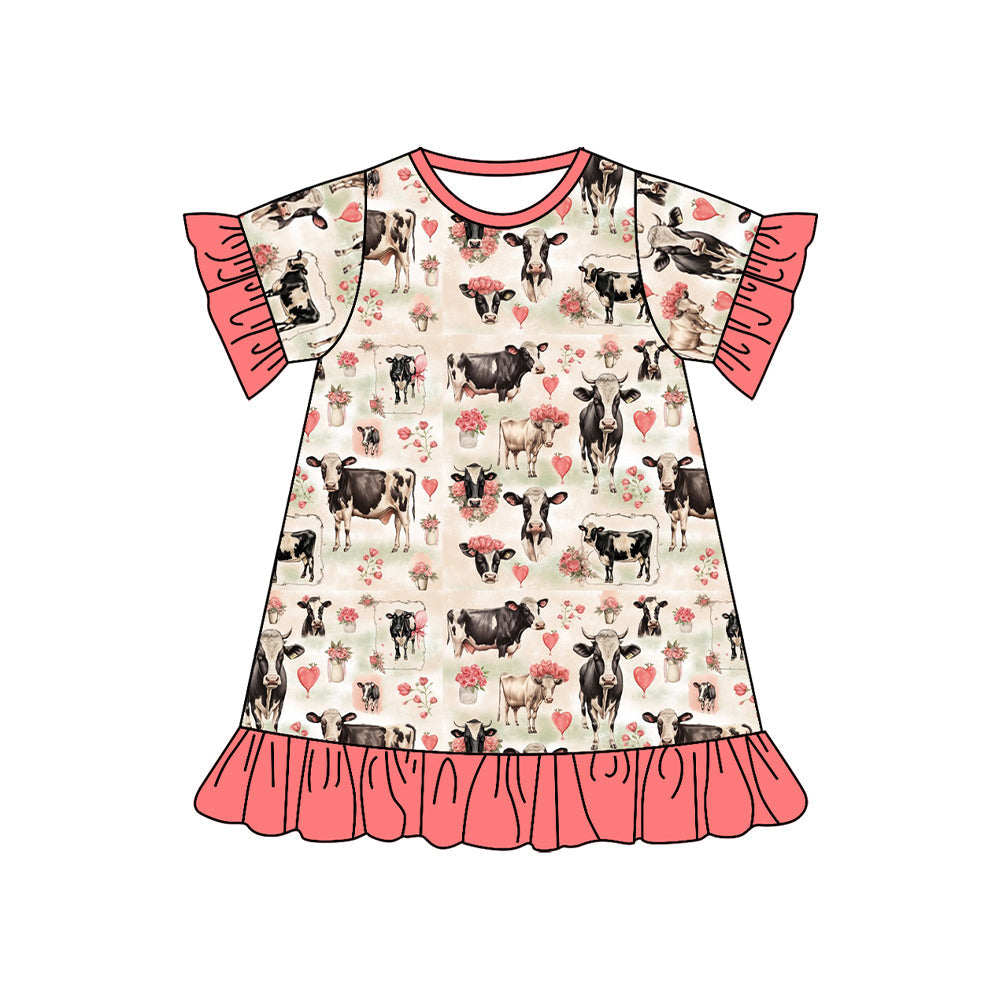 Short sleeves cows floral ruffle baby girls night dress