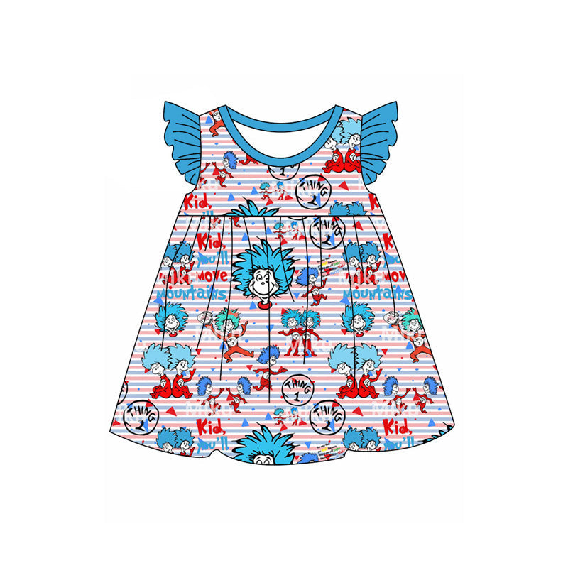 Blue flutter sleeves stripe cat hat baby girls dresses