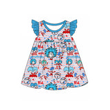 Blue flutter sleeves stripe cat hat baby girls dresses
