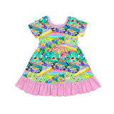 Short sleeves pink ruffle colorful cat hat girls dresses