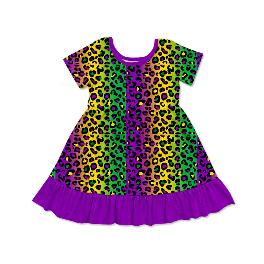 Purple ruffle short sleeves leopard girls Mardi Gras dress