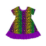 Purple ruffle short sleeves leopard girls Mardi Gras dress