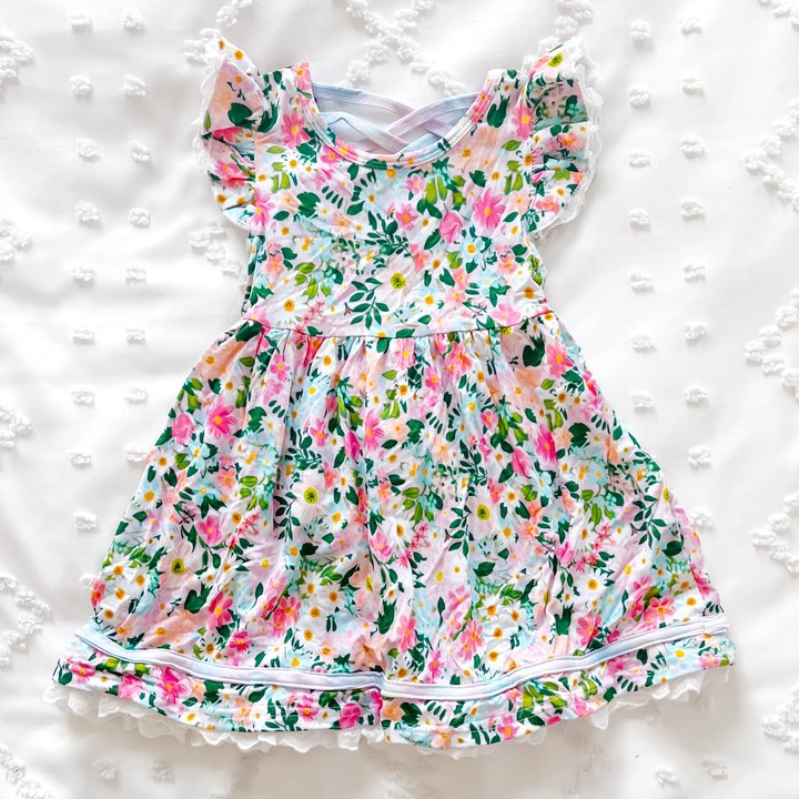 Flutter sleeves floral ruffle baby girls dresses