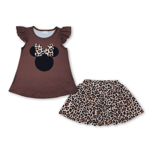 Flutter sleeves mouse top leopard skirt girls clothing set