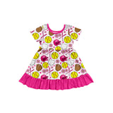 Short sleeves pink stripe softball floral baby girls dresses