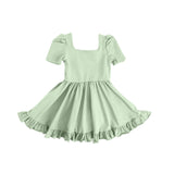 Short sleeves green cotton ruffle baby girls dresses