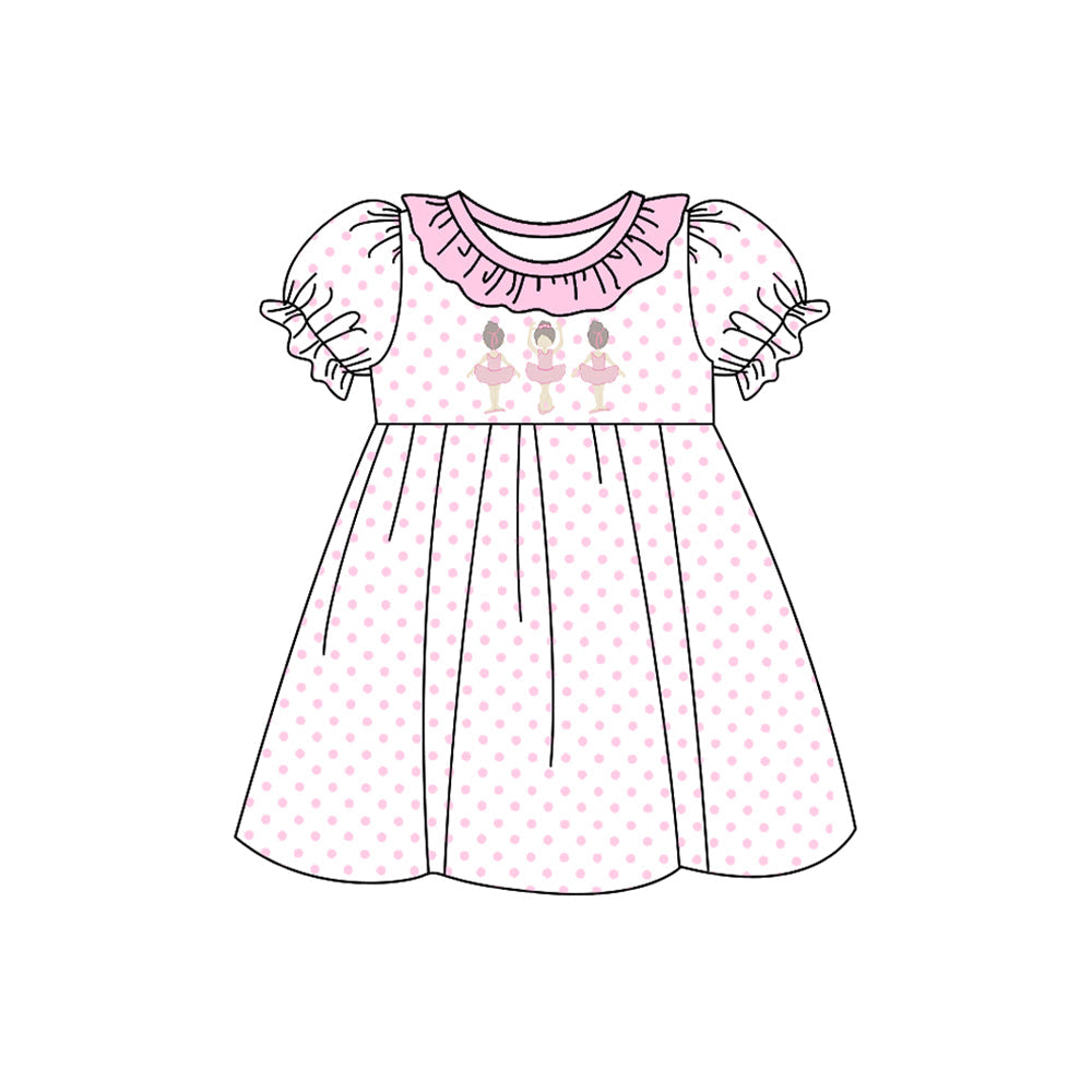Short sleeves pink polka dots dance baby girls dresses