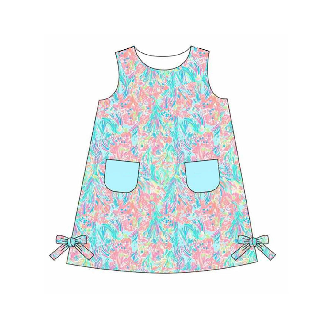 Sleeveless aqua pockets watercolor baby girls dress
