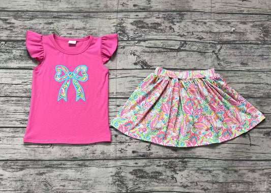 Hot pink bow top watercolor floral skirt girls clothes