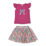 Hot pink bow top watercolor floral skirt girls clothes