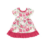 Pink short sleeves ruffle floral baby girls dresses