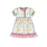 Short sleeves floral bunny ruffle baby girls Easter dress