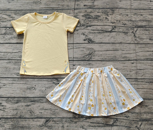 Yellow short sleeves bow top floral skirt kids girls clothes