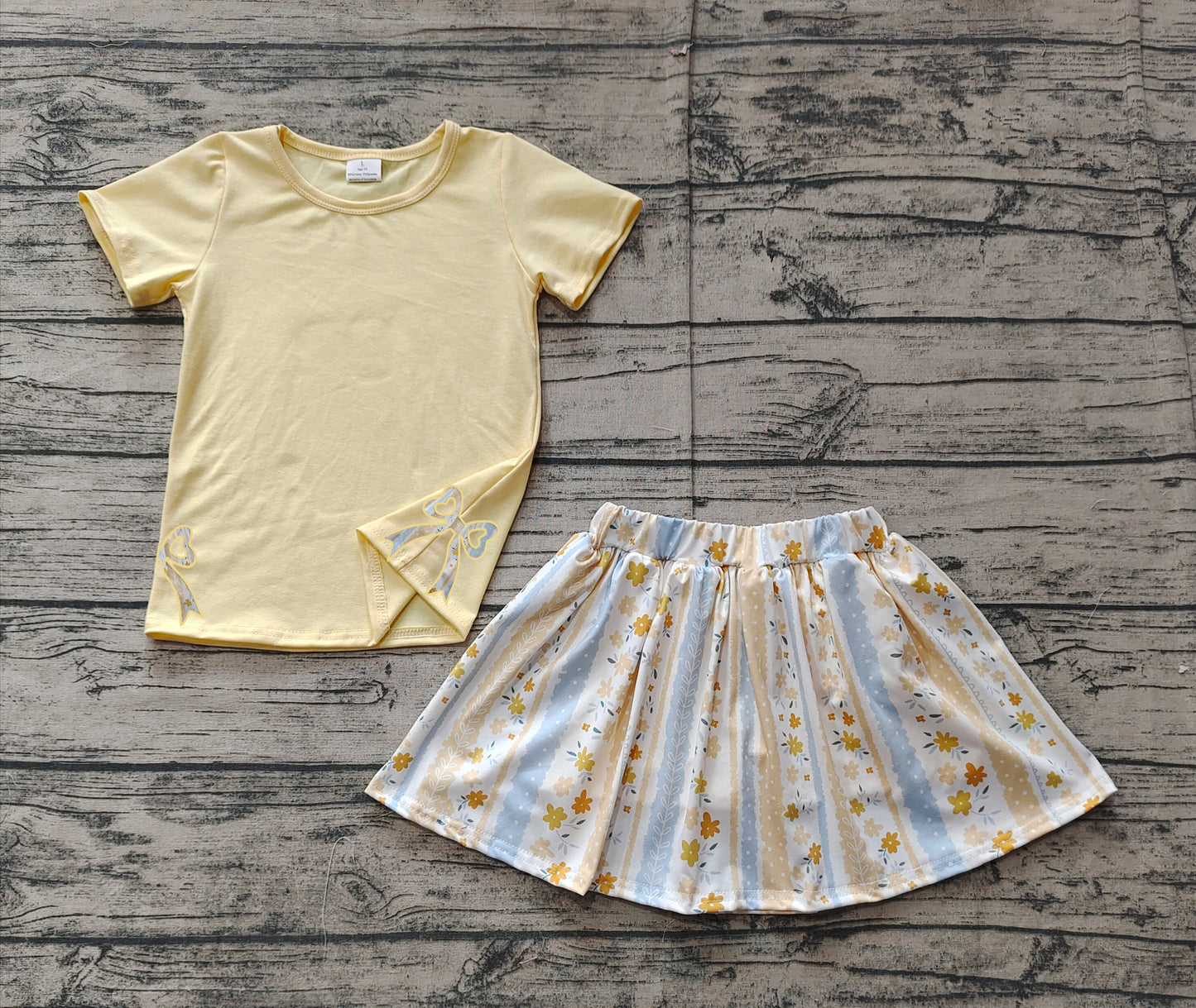 Yellow short sleeves bow top floral skirt kids girls clothes