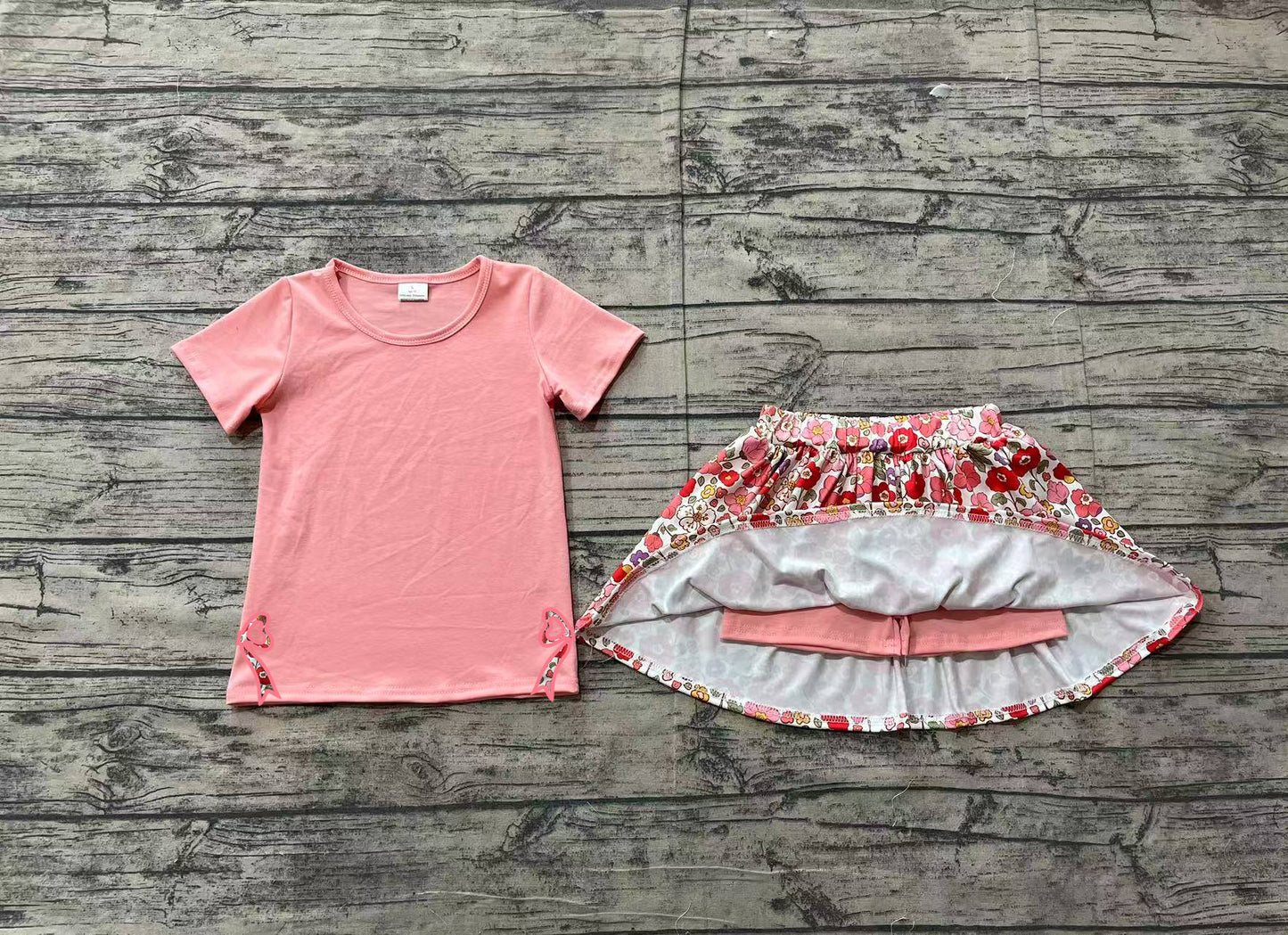 Peach short sleeves bow top floral skirt kids girls clothes