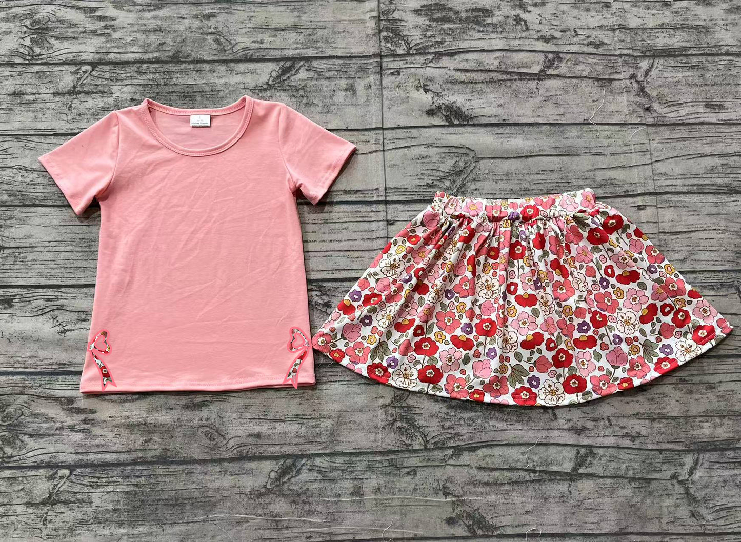 Peach short sleeves bow top floral skirt kids girls clothes