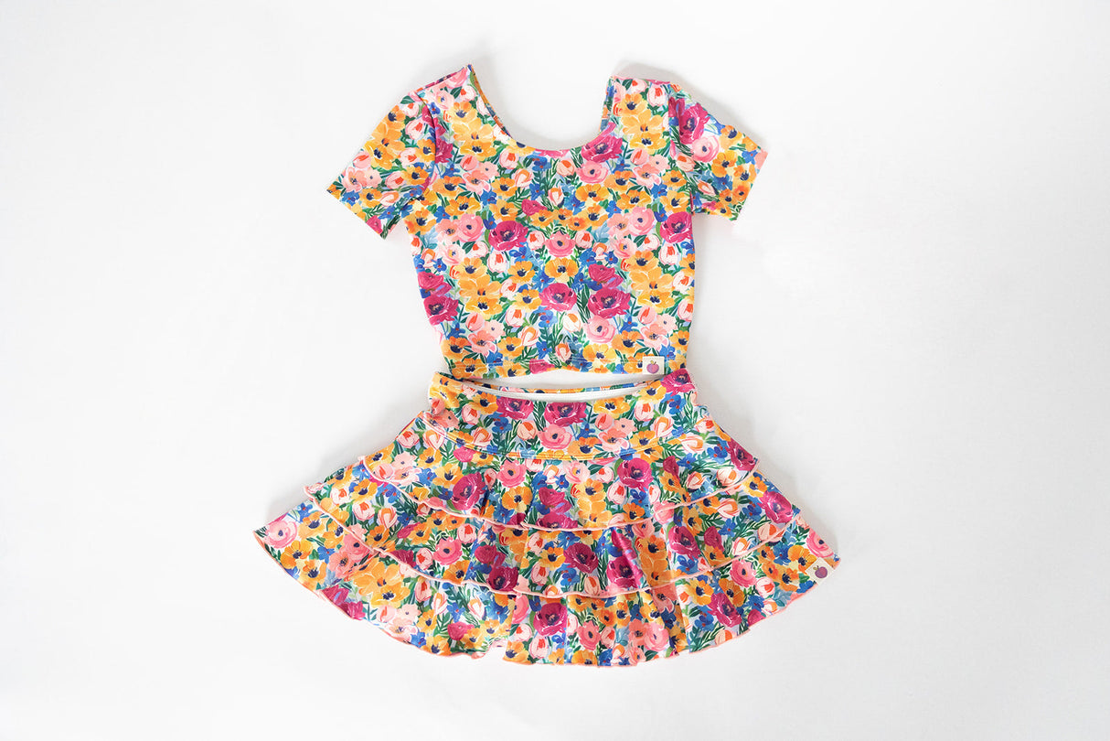 Short sleeves yellow floral top ruffle skirt girls clothes