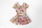 Short sleeves yellow floral top ruffle skirt girls clothes