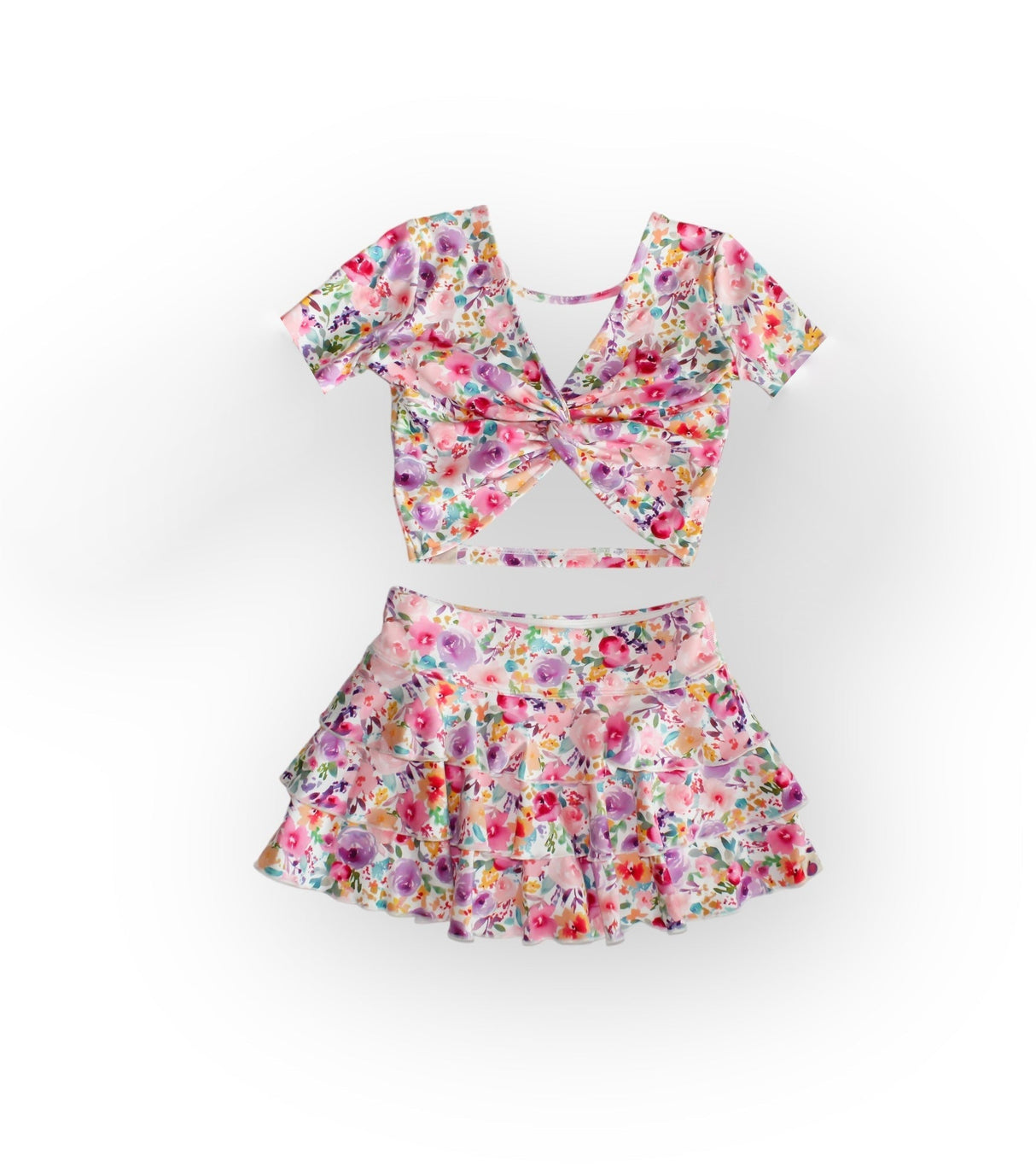 Short sleeves pink floral top ruffle skirt girls clothes