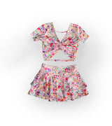 Short sleeves pink floral top ruffle skirt girls clothes