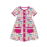 Short sleeves hot pink pockets bow kids girls dresses