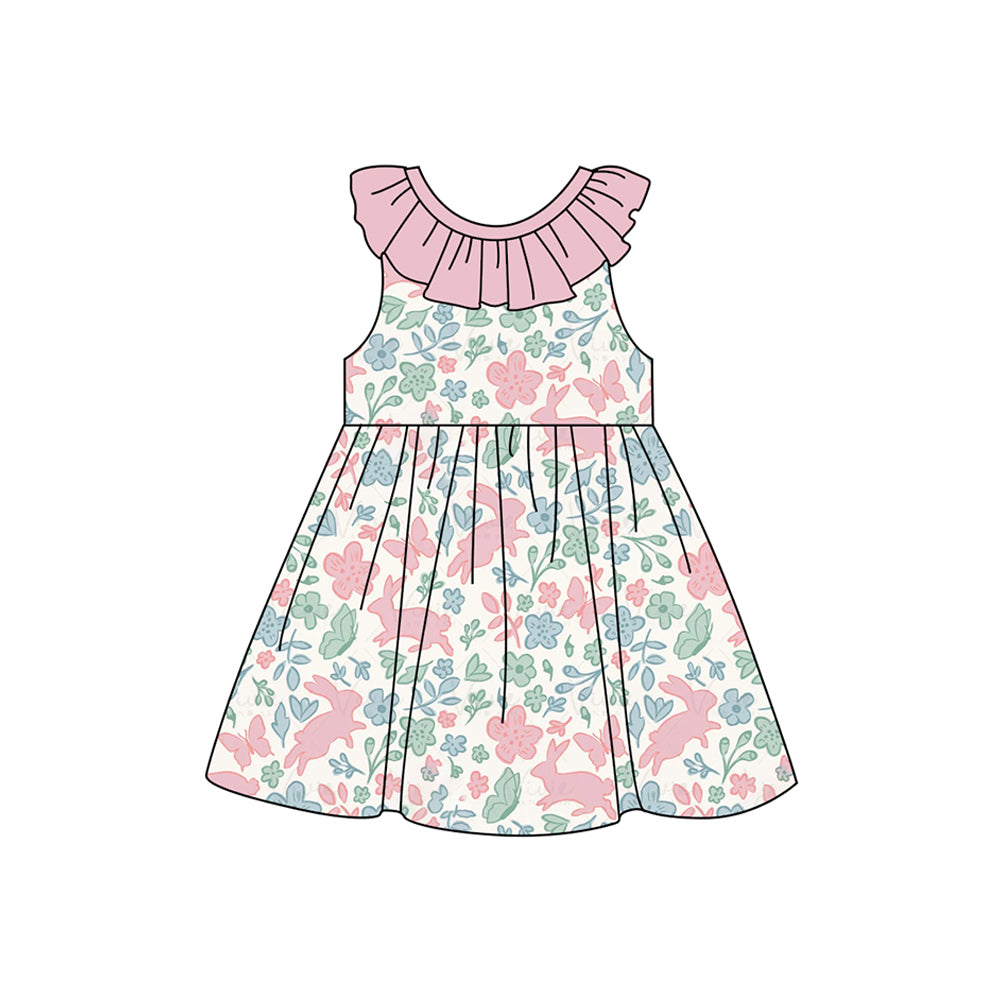 Sleeveless pink ruffle bunny floral baby girls Easter dress