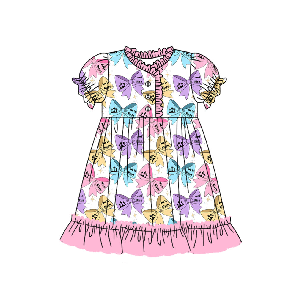 Cross he is risen bow short sleeves girls Easter night dress