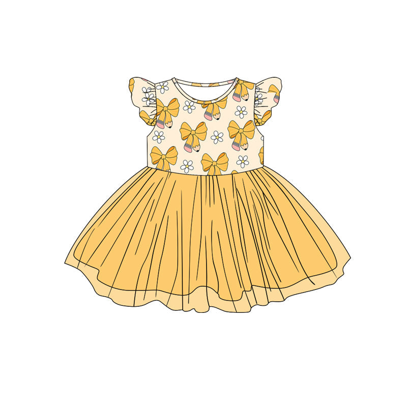 Yellow pencil bow back to school girls tulle dresses