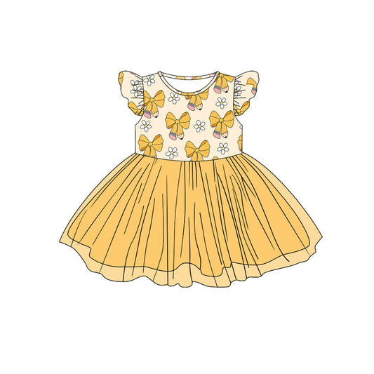 Yellow pencil bow back to school girls tulle dresses