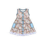 Sleeveless baseball floral patchwork pocket girls dresses