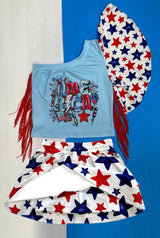 One shoulder America tassels top skirt girls 4th of july set